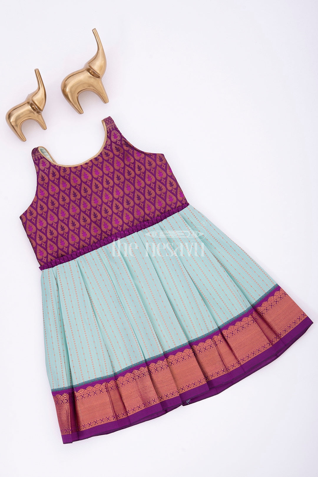 Graceful Beginnings in Pure Silk: Purple and Blue Traditional Frock for Girls