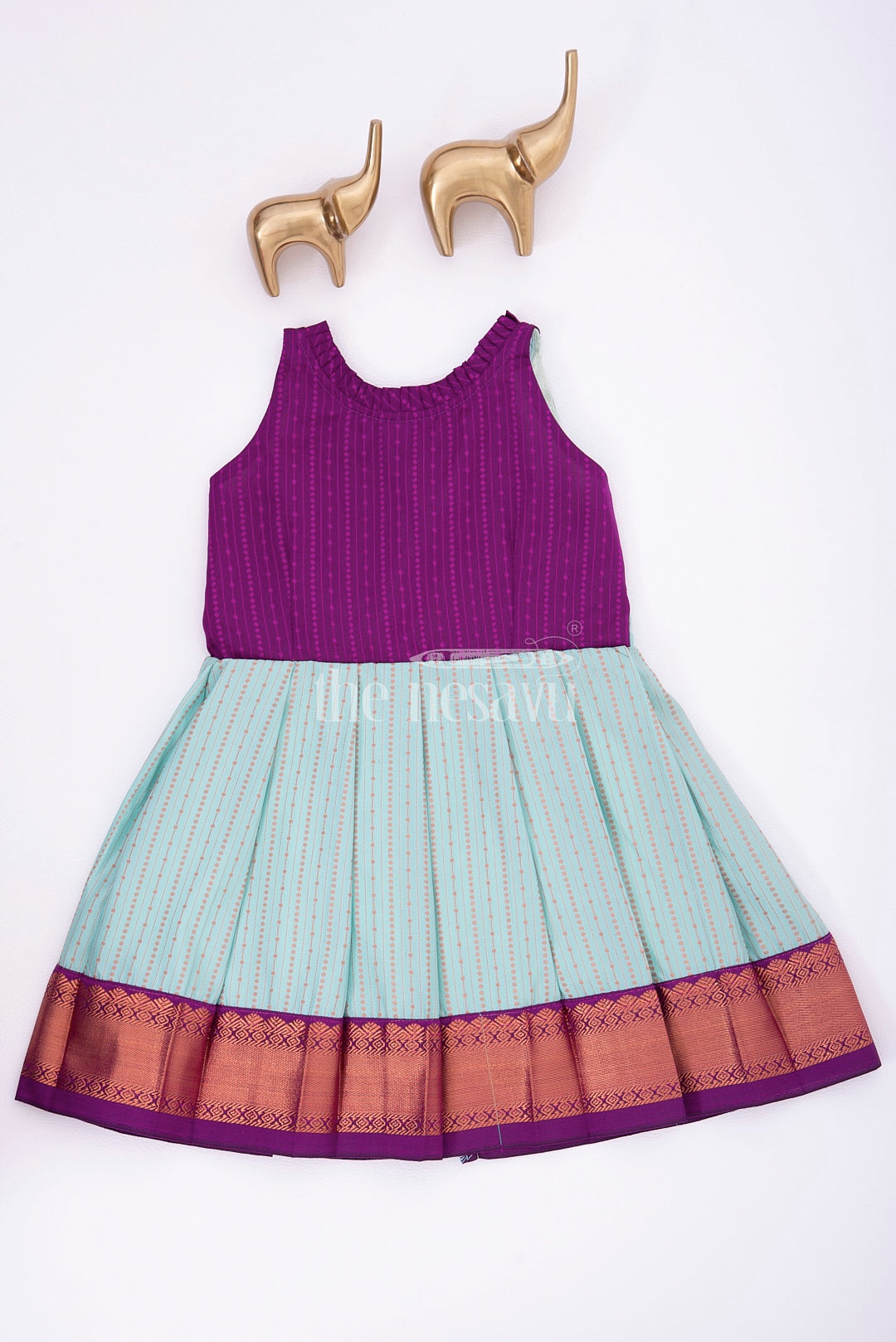 Graceful Beginnings in Pure Silk: Purple and Blue Traditional Frock for Girls