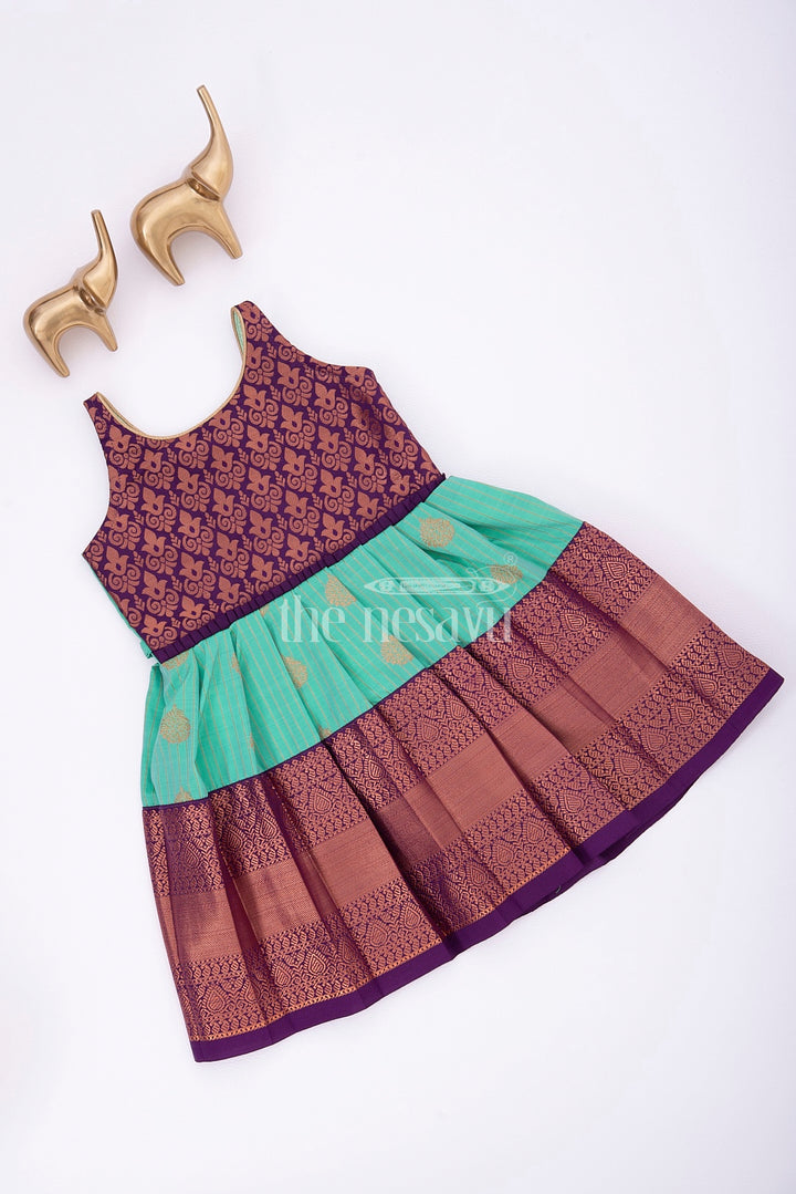 Royal Festive Attire: Purple and Turquoise Silk Frock for Girls