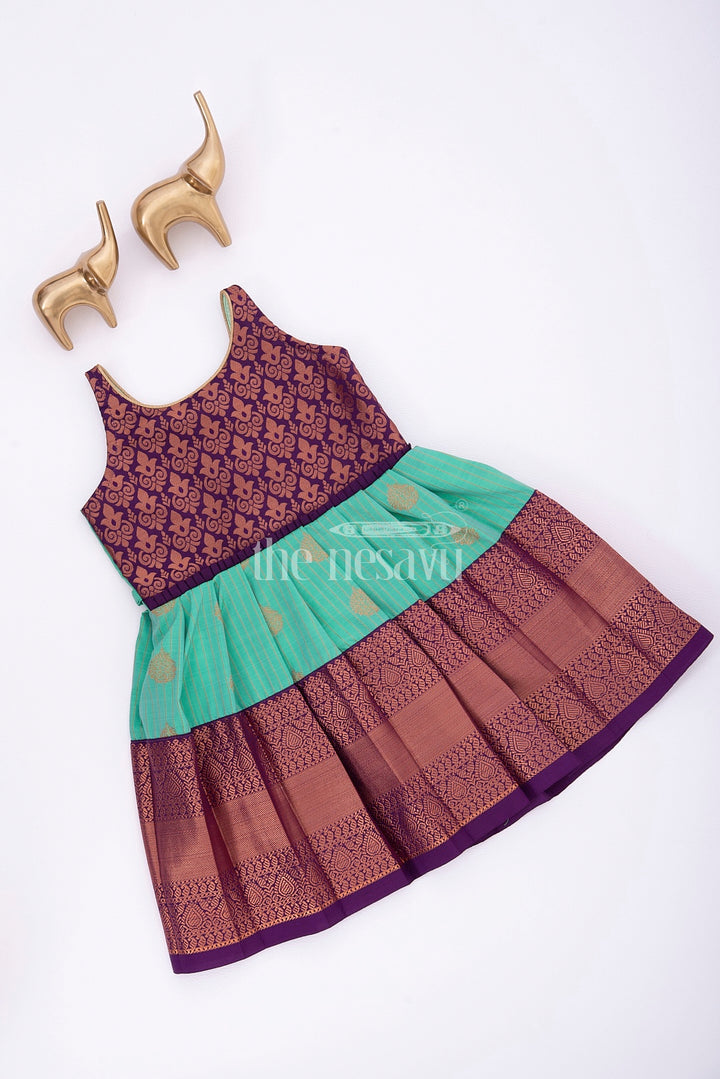 Royal Festive Attire: Purple and Turquoise Silk Frock for Girls