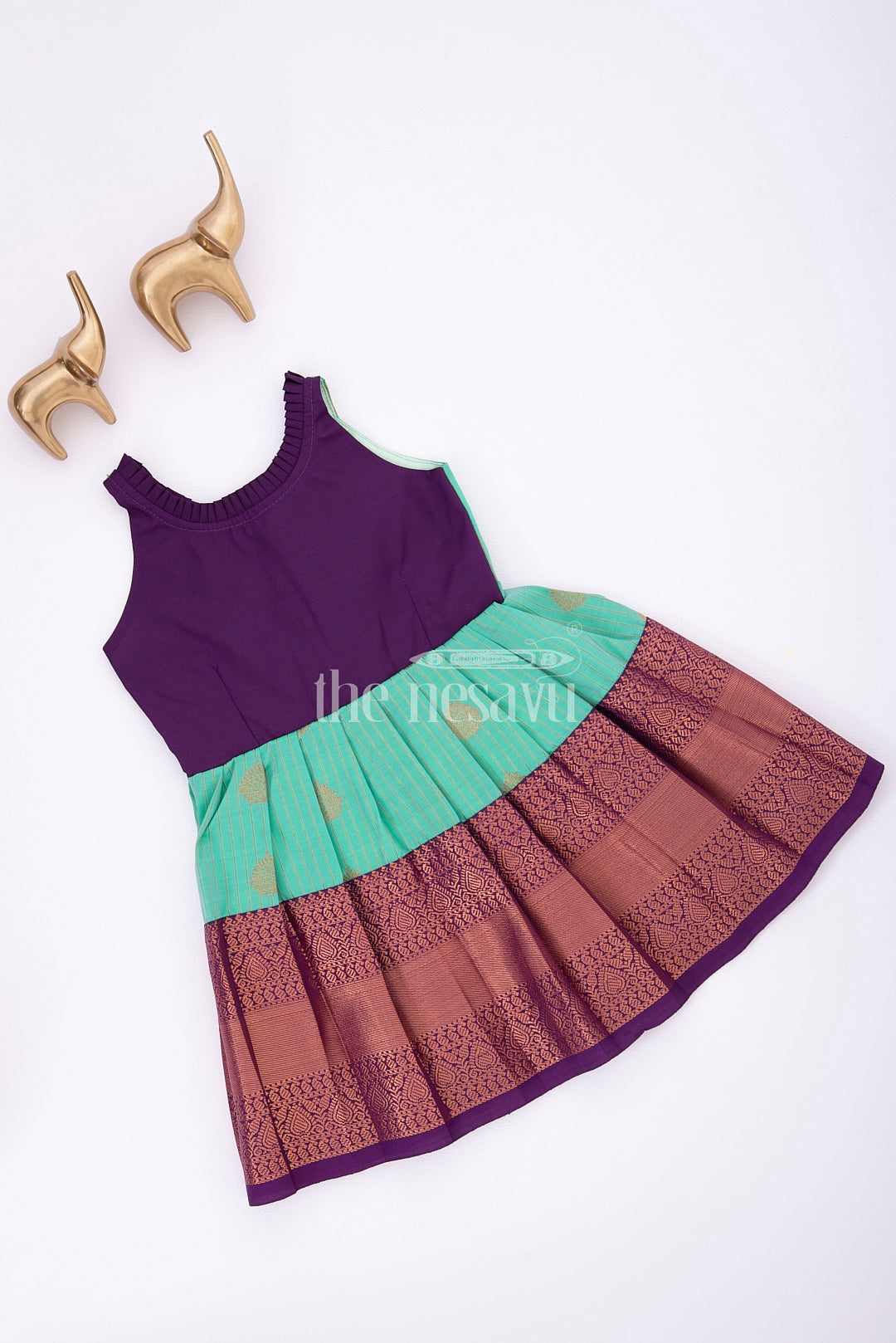 Royal Festive Attire: Purple and Turquoise Silk Frock for Girls