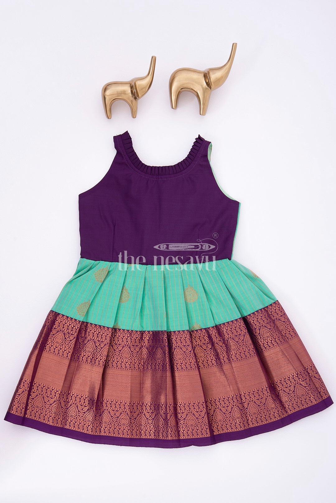 Royal Festive Attire: Purple and Turquoise Silk Frock for Girls