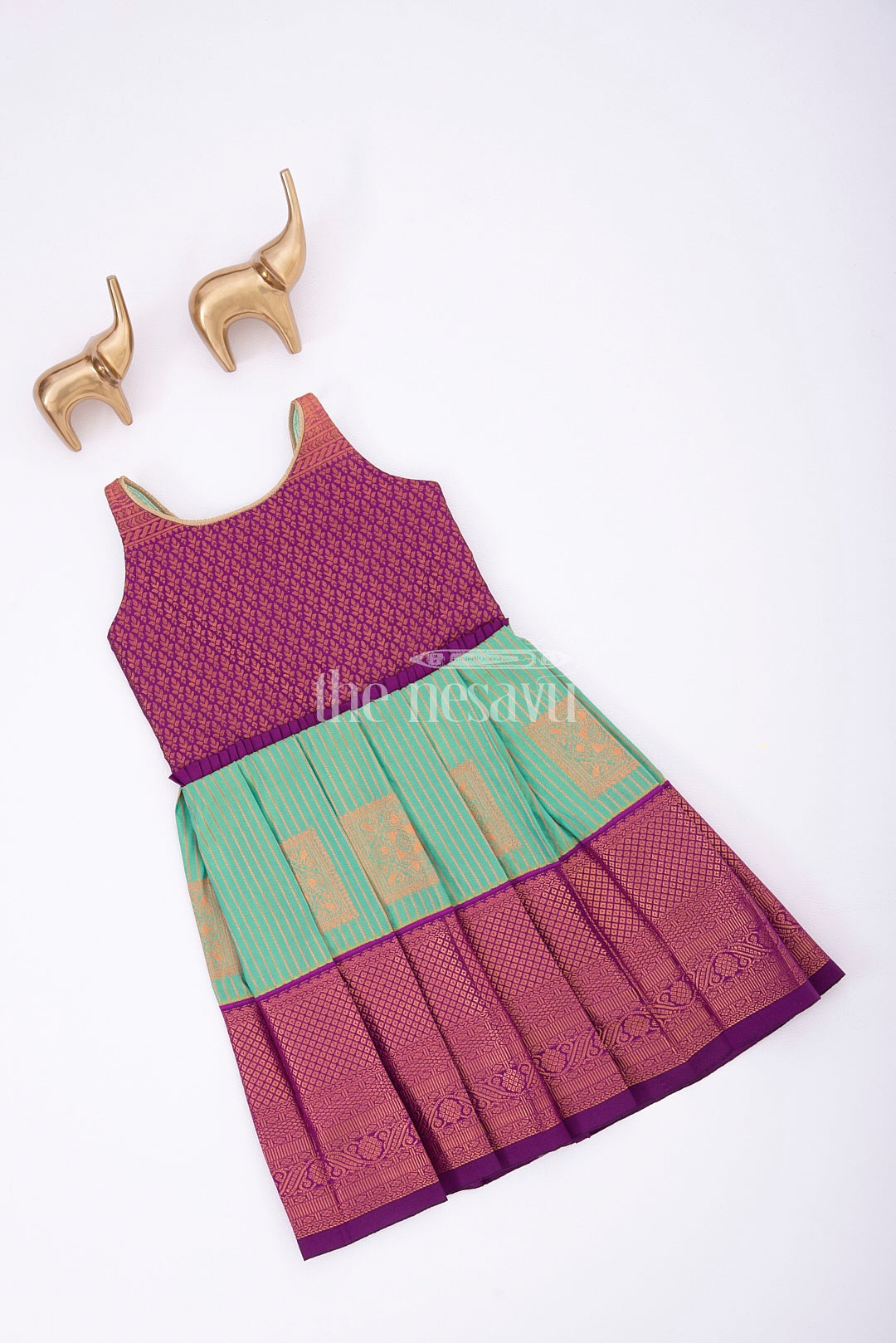 Royal Festive Attire: Purple and Green Kanji Border Silk Frock for Girls