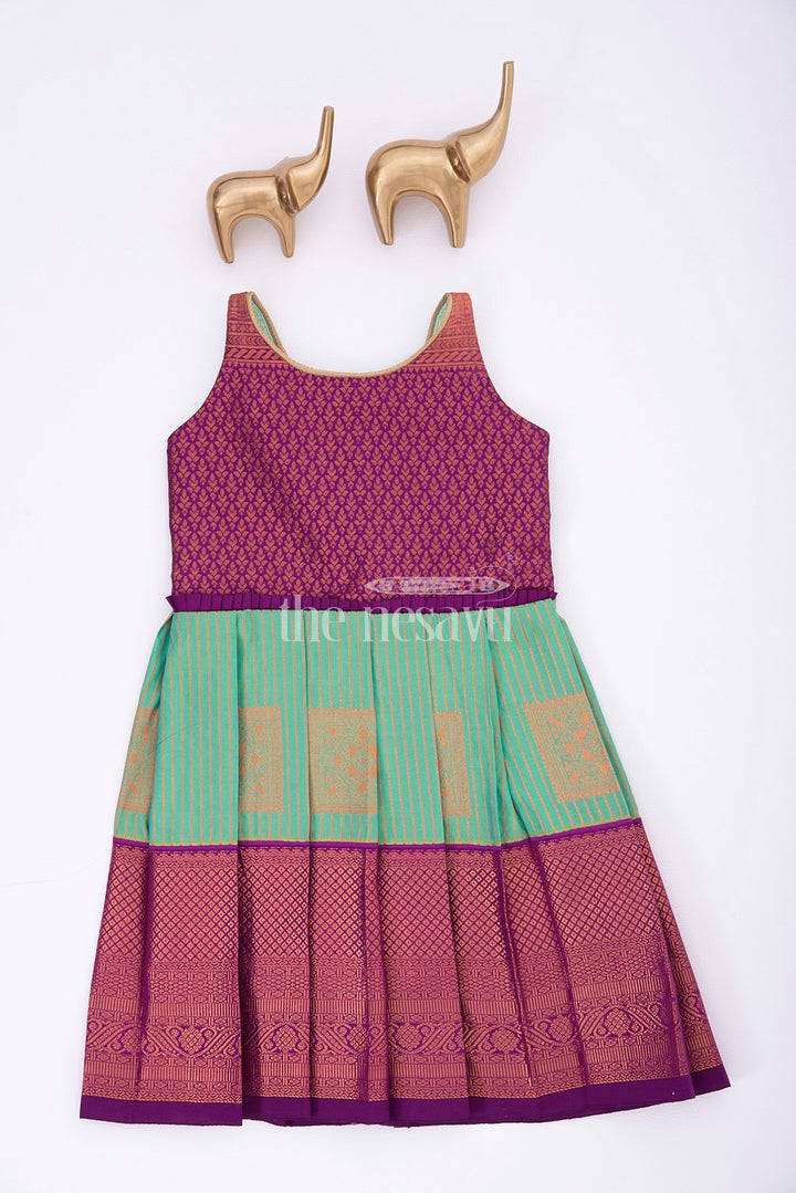 Royal Festive Attire: Purple and Green Kanji Border Silk Frock for Girls