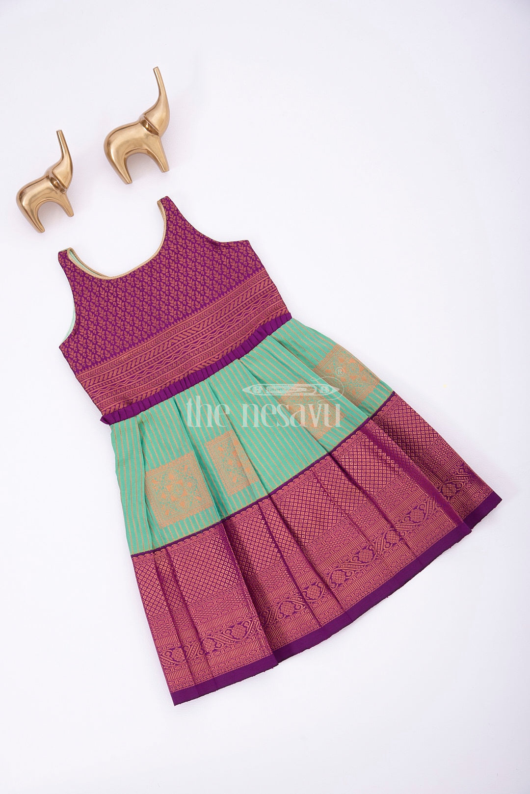 Royal Festive Attire: Purple and Green Kanji Border Silk Frock for Girls