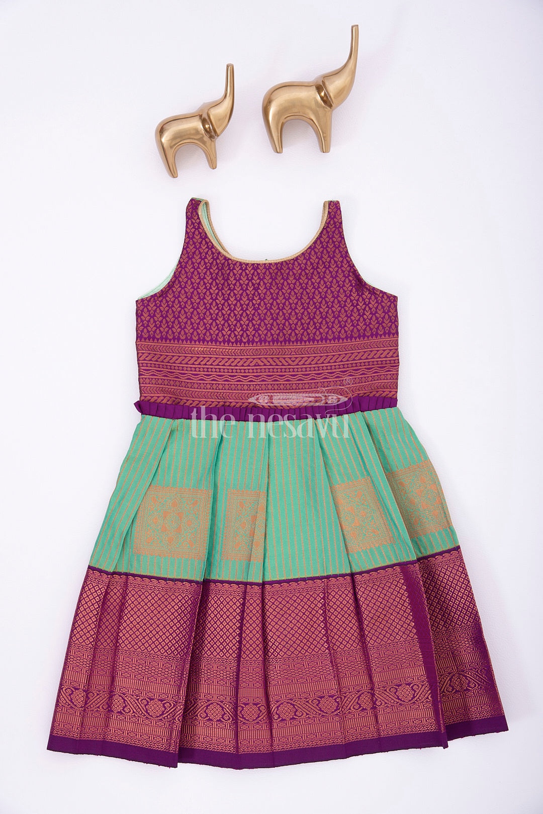 Royal Festive Attire: Purple and Green Kanji Border Silk Frock for Girls