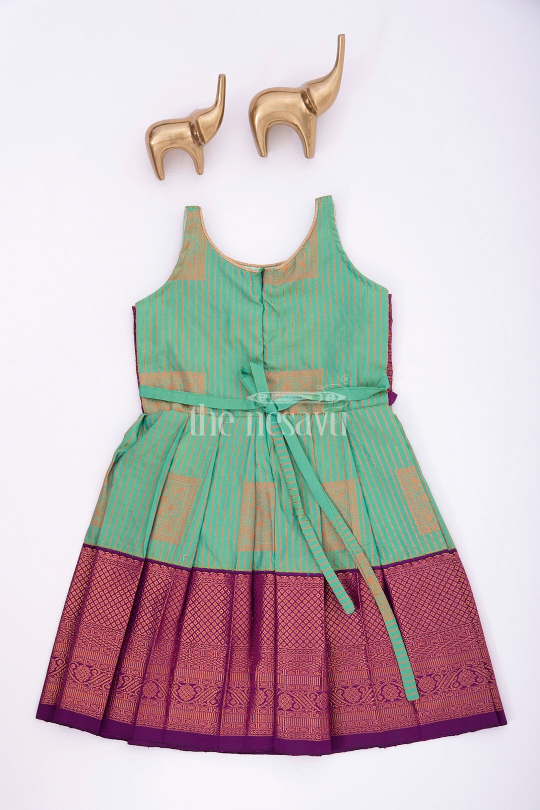 Royal Festive Attire: Purple and Green Kanji Border Silk Frock for Girls