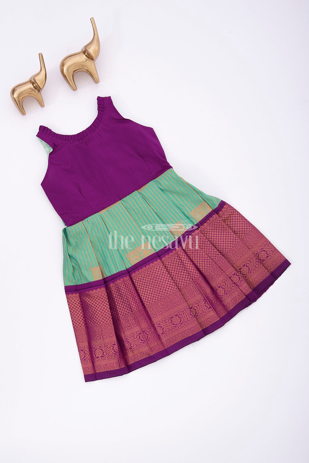 Royal Festive Attire: Purple and Green Kanji Border Silk Frock for Girls