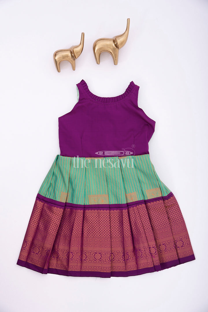 Royal Festive Attire: Purple and Green Kanji Border Silk Frock for Girls