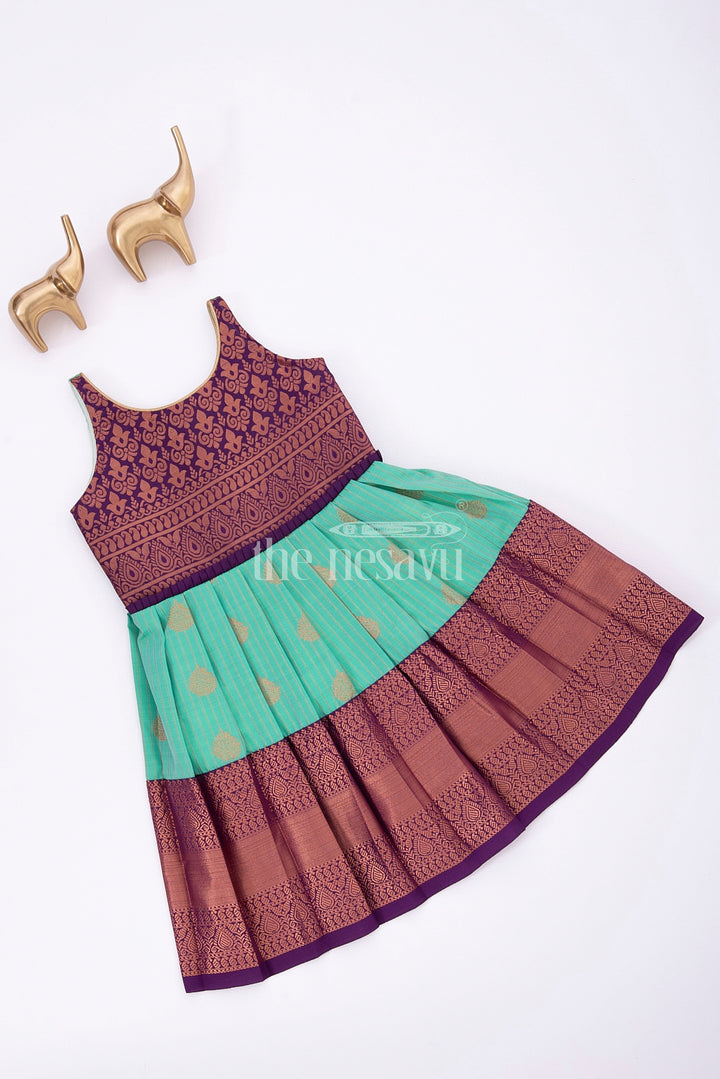 Royal Festive Attire for Little Ones: Purple and Green Kanji Border Silk Frock