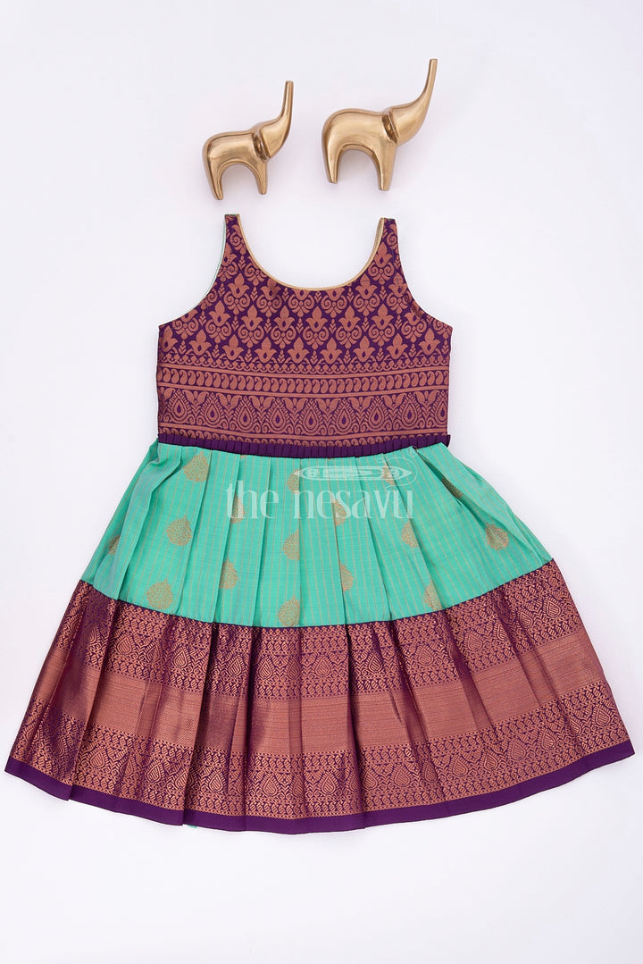 Royal Festive Attire for Little Ones: Purple and Green Kanji Border Silk Frock