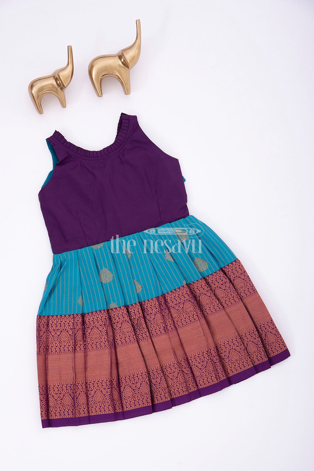 Royal Festive Attire for Little Ones: Purple and Green Kanji Border Silk Frock