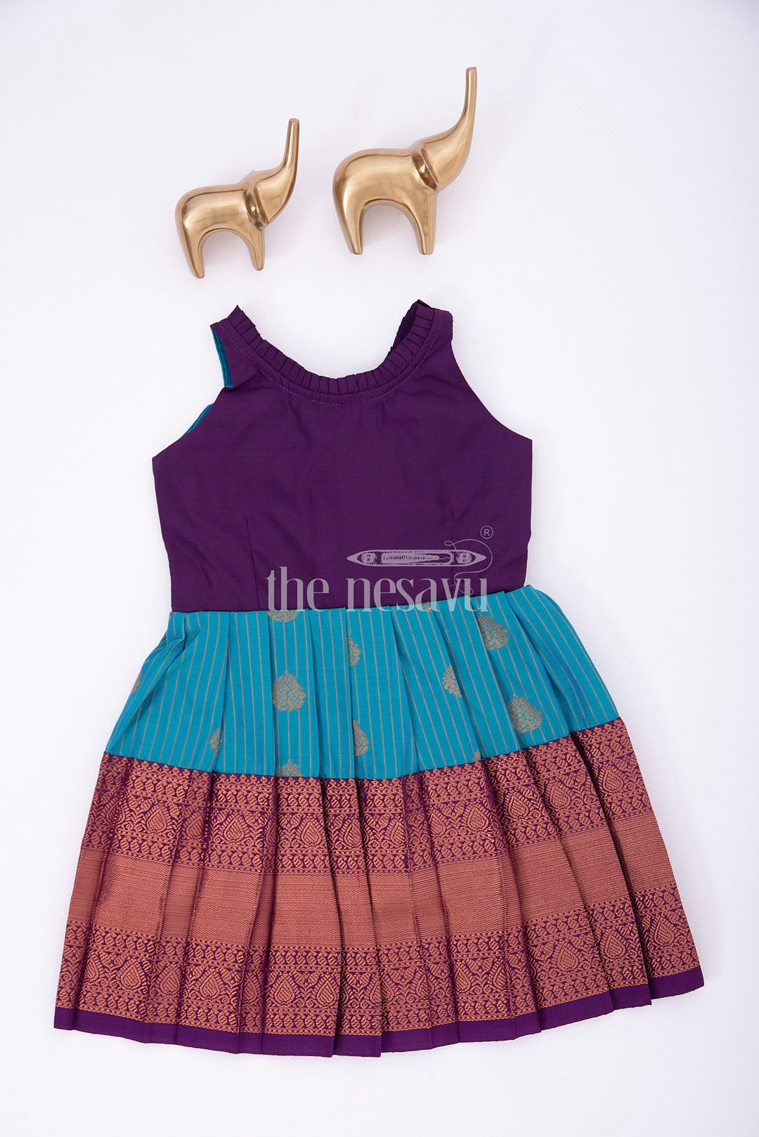 Royal Festive Attire for Little Ones: Purple and Green Kanji Border Silk Frock