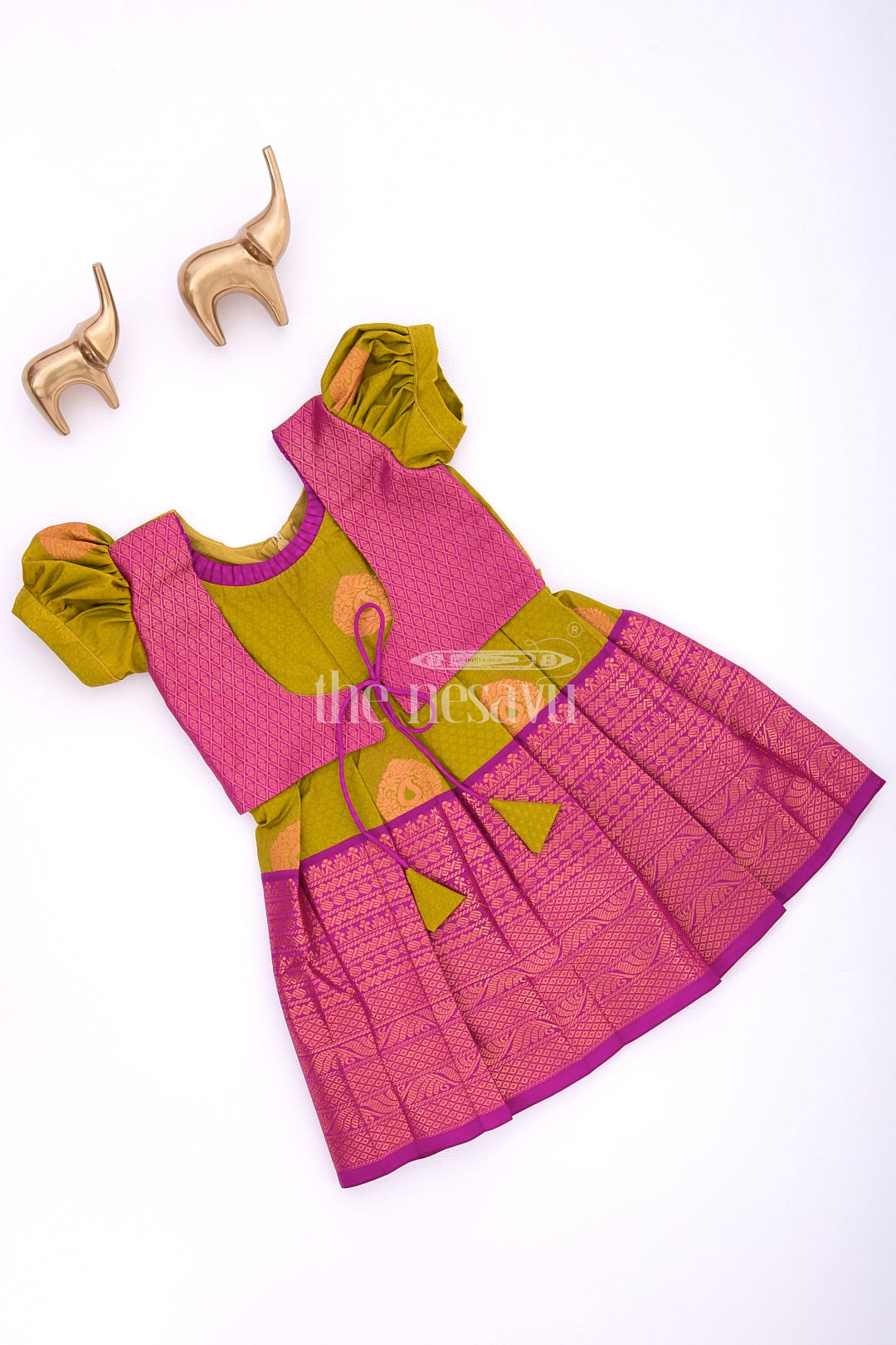 Miniature Majesty in Silk: Purple and Green Pattu Silk Frock for Girls