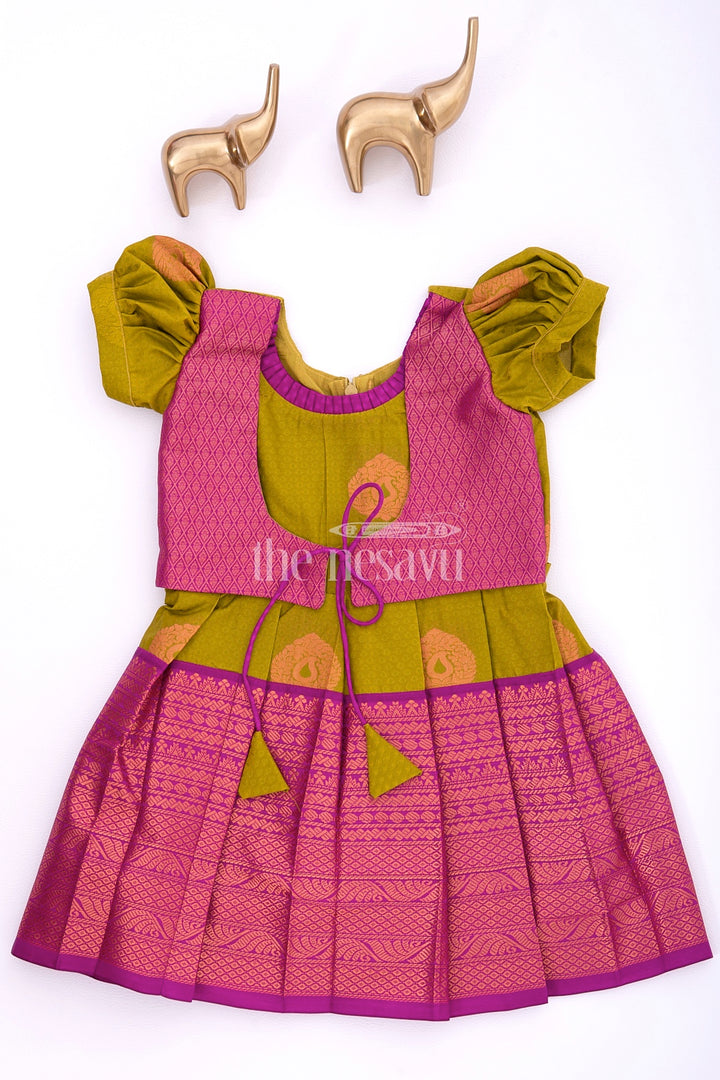 Miniature Majesty in Silk: Purple and Green Pattu Silk Frock for Girls