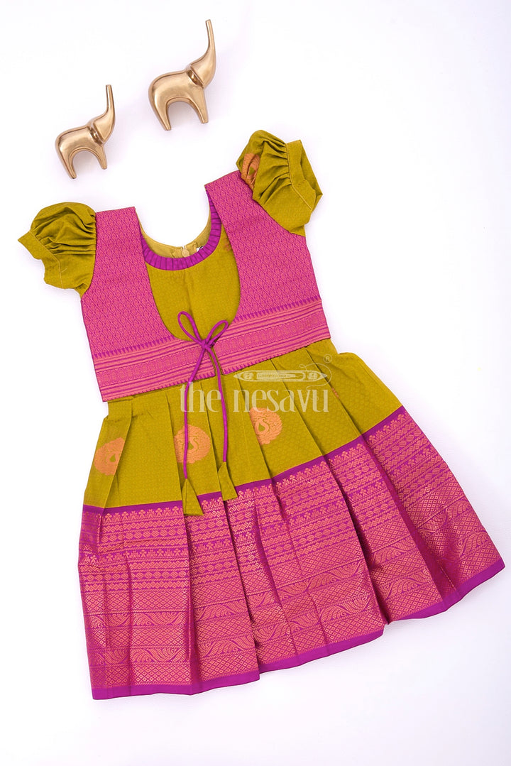 Miniature Majesty in Silk: Purple and Green Pattu Silk Frock for Girls