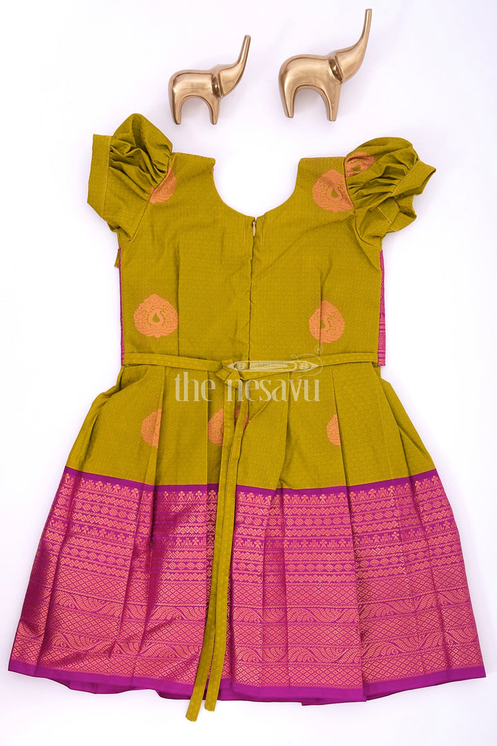 Miniature Majesty in Silk: Purple and Green Pattu Silk Frock for Girls