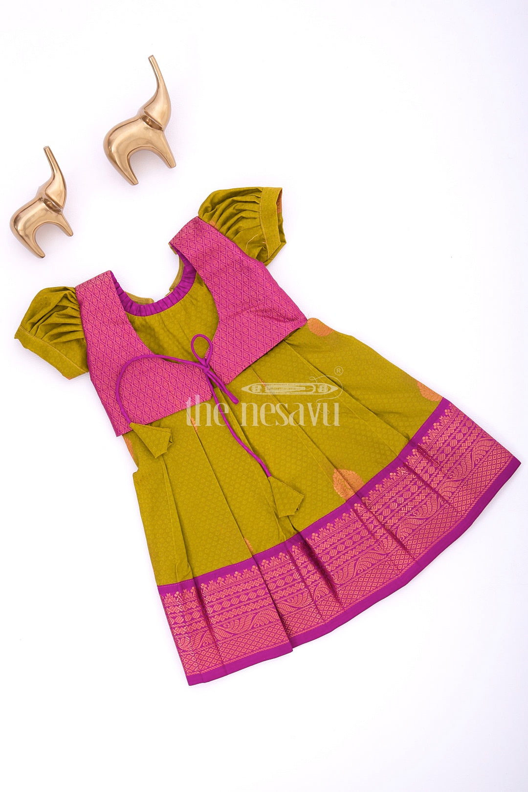 Miniature Majesty in Silk: Purple and Green Pattu Silk Frock for Girls