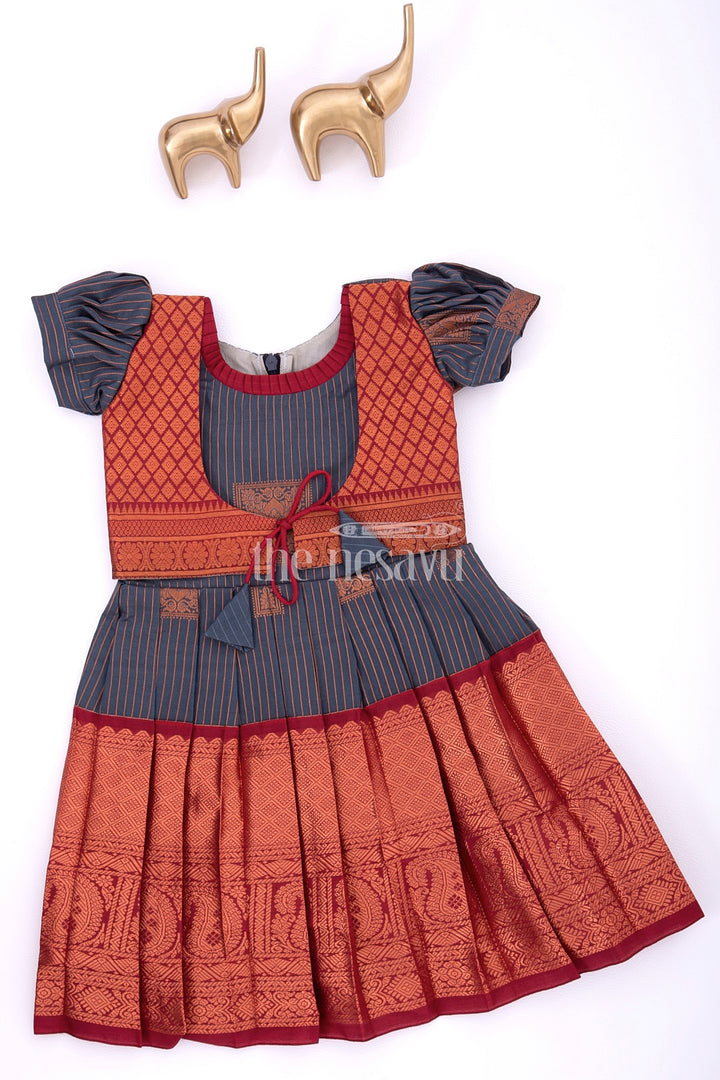 Graceful Beginnings in Pure Silk: Blue and Maroon Traditional Frock for Girls