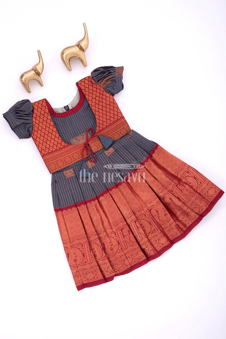 Graceful Beginnings in Pure Silk: Blue and Maroon Traditional Frock for Girls