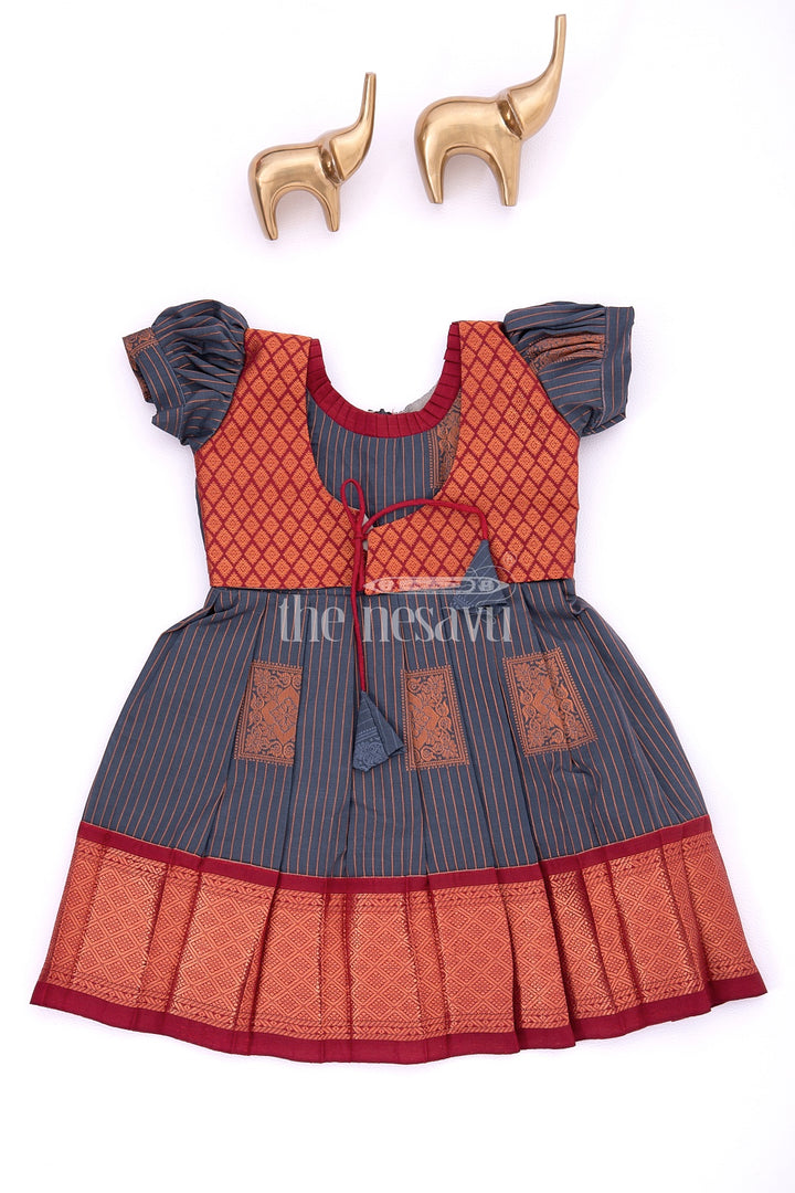 Graceful Beginnings in Pure Silk: Blue and Maroon Traditional Frock for Girls