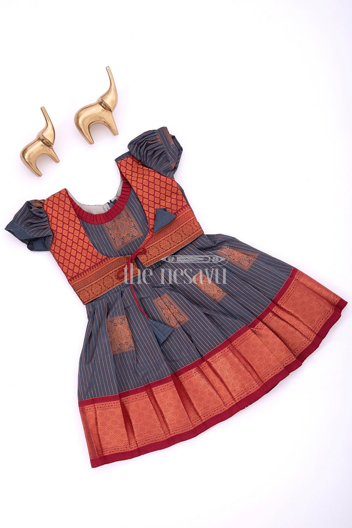 Graceful Beginnings in Pure Silk: Blue and Maroon Traditional Frock for Girls