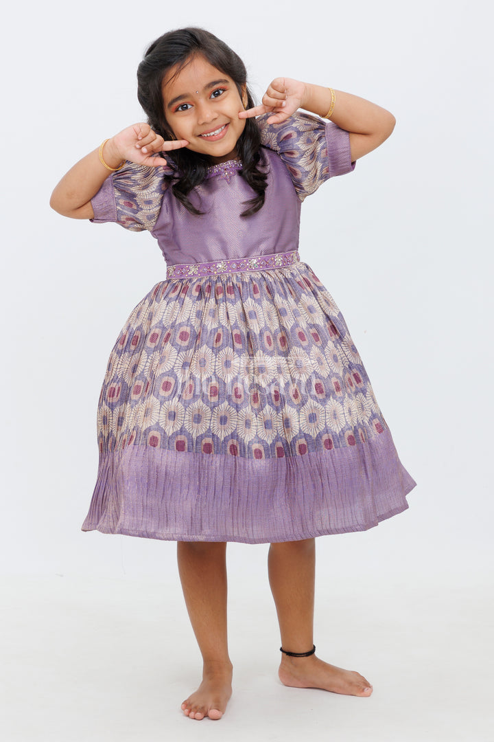 Girls Lavender Silk Frock with Puff Sleeves and Regal Peacock Feather Pattern