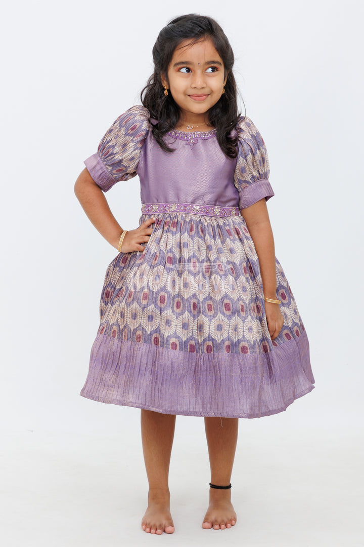 Girls Lavender Silk Frock with Puff Sleeves and Regal Peacock Feather Pattern