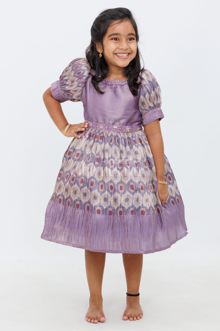 Girls Lavender Silk Frock with Puff Sleeves and Regal Peacock Feather Pattern