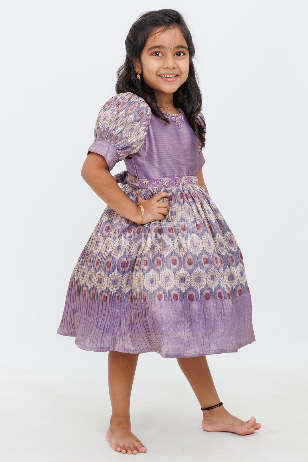 Girls Lavender Silk Frock with Puff Sleeves and Regal Peacock Feather Pattern