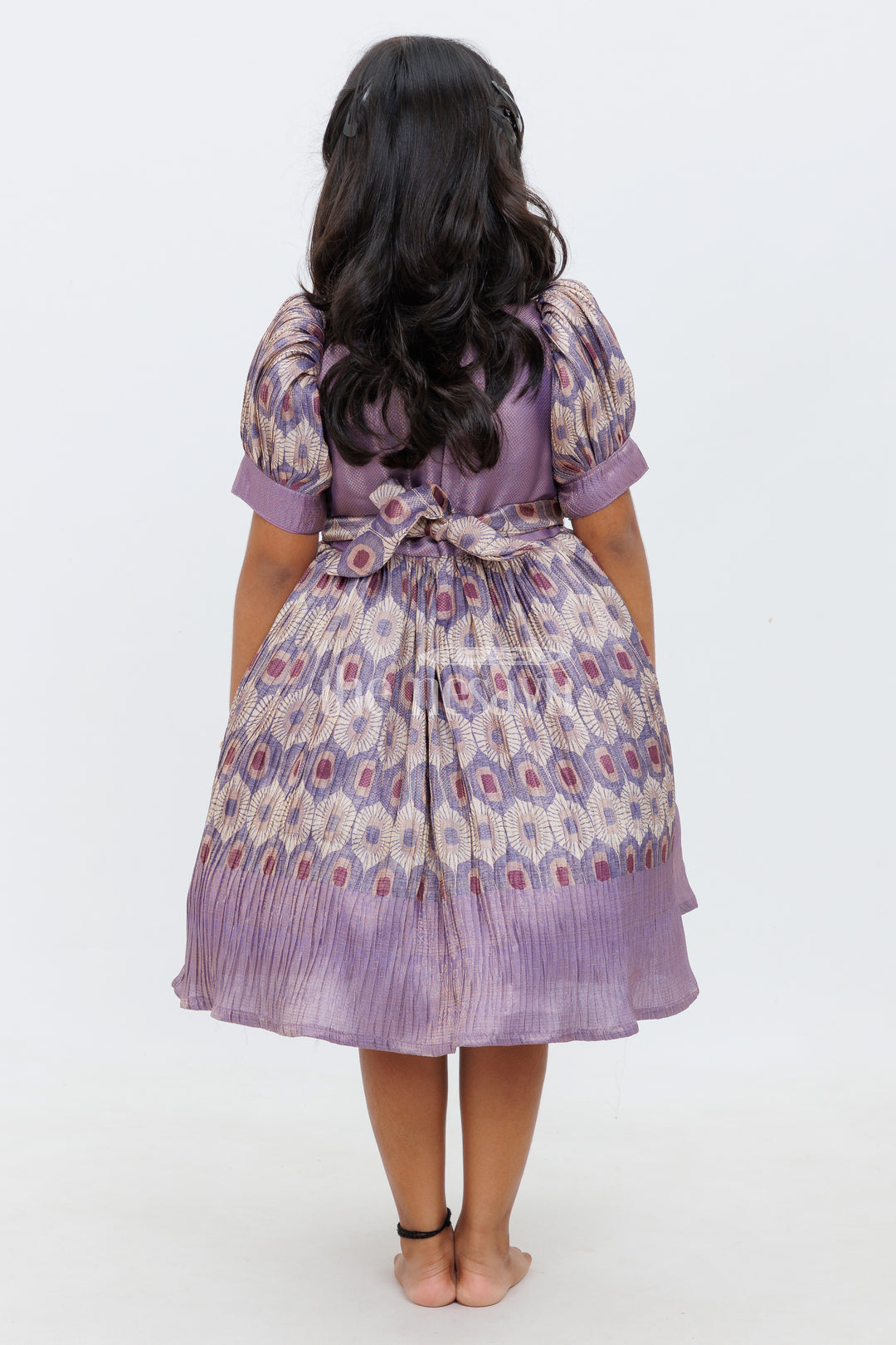 Girls Lavender Silk Frock with Puff Sleeves and Regal Peacock Feather Pattern