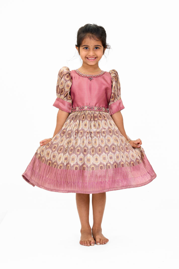 Graceful Girls Peach Organza Printed Fancy Frock with Puff Sleeves and Flared Hem