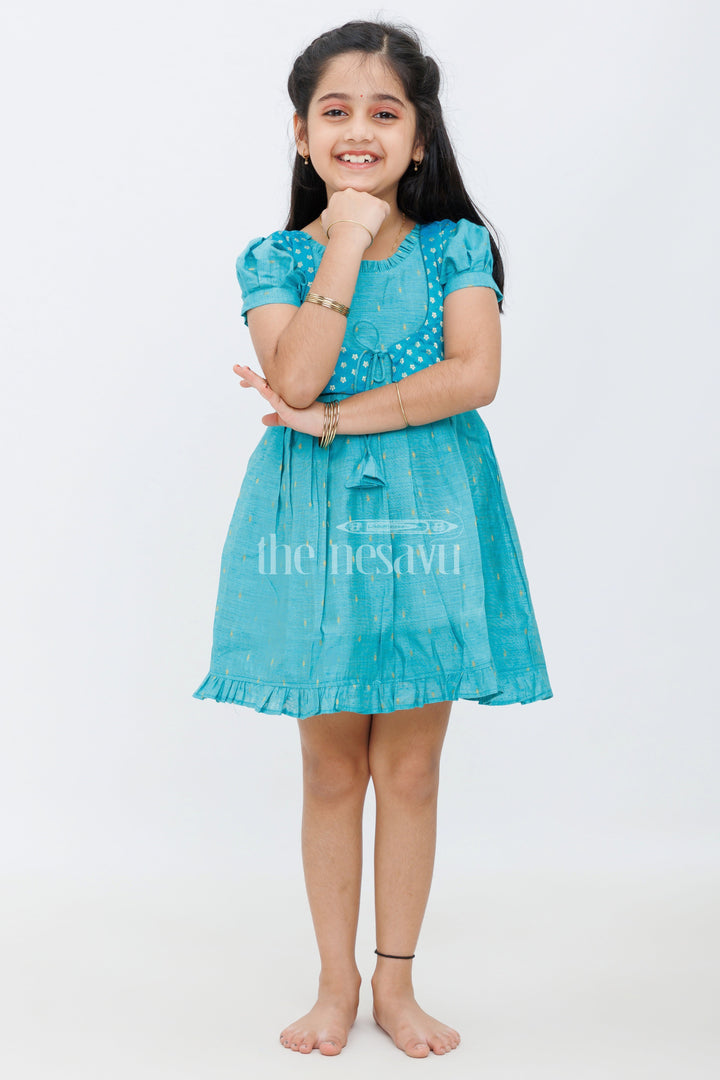 Girls Teal Viscose Silk Frock with Golden Buti Motifs and Puff Sleeves for Festive Occasions