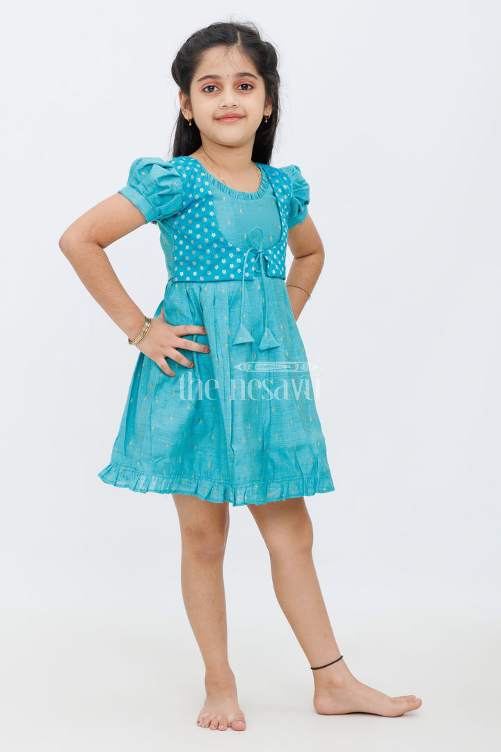 Girls Teal Viscose Silk Frock with Golden Buti Motifs and Puff Sleeves for Festive Occasions