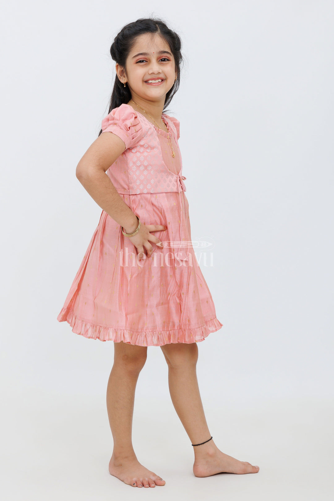 Girls Peach Viscose Silk Frock with Sleeveless Jacket and Flared Skirt for Special Occasions