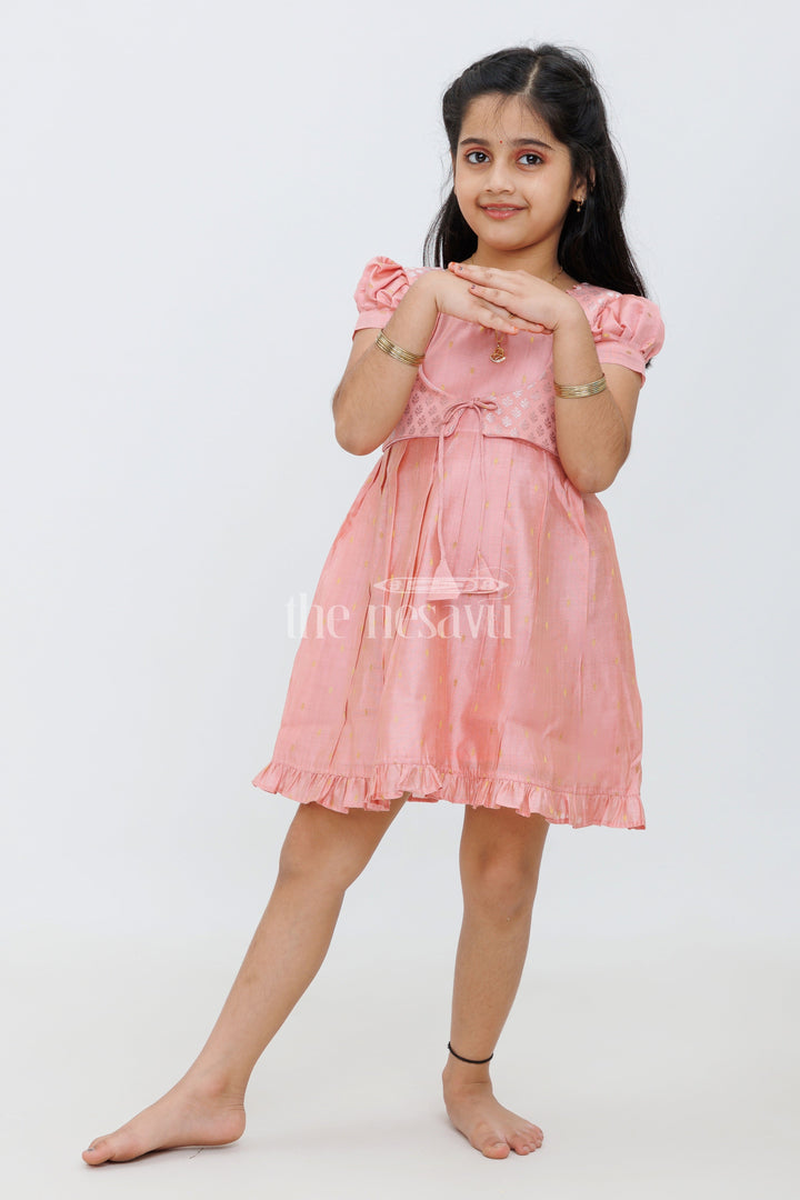 Girls Peach Viscose Silk Frock with Sleeveless Jacket and Flared Skirt for Special Occasions