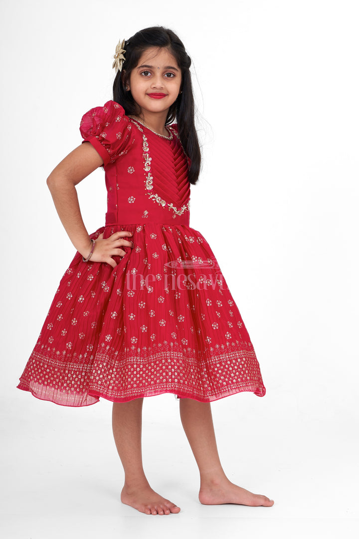 Girls Maroon Silk Party Frock with Chevron Quilted Bodice and Golden Floral Embroidery