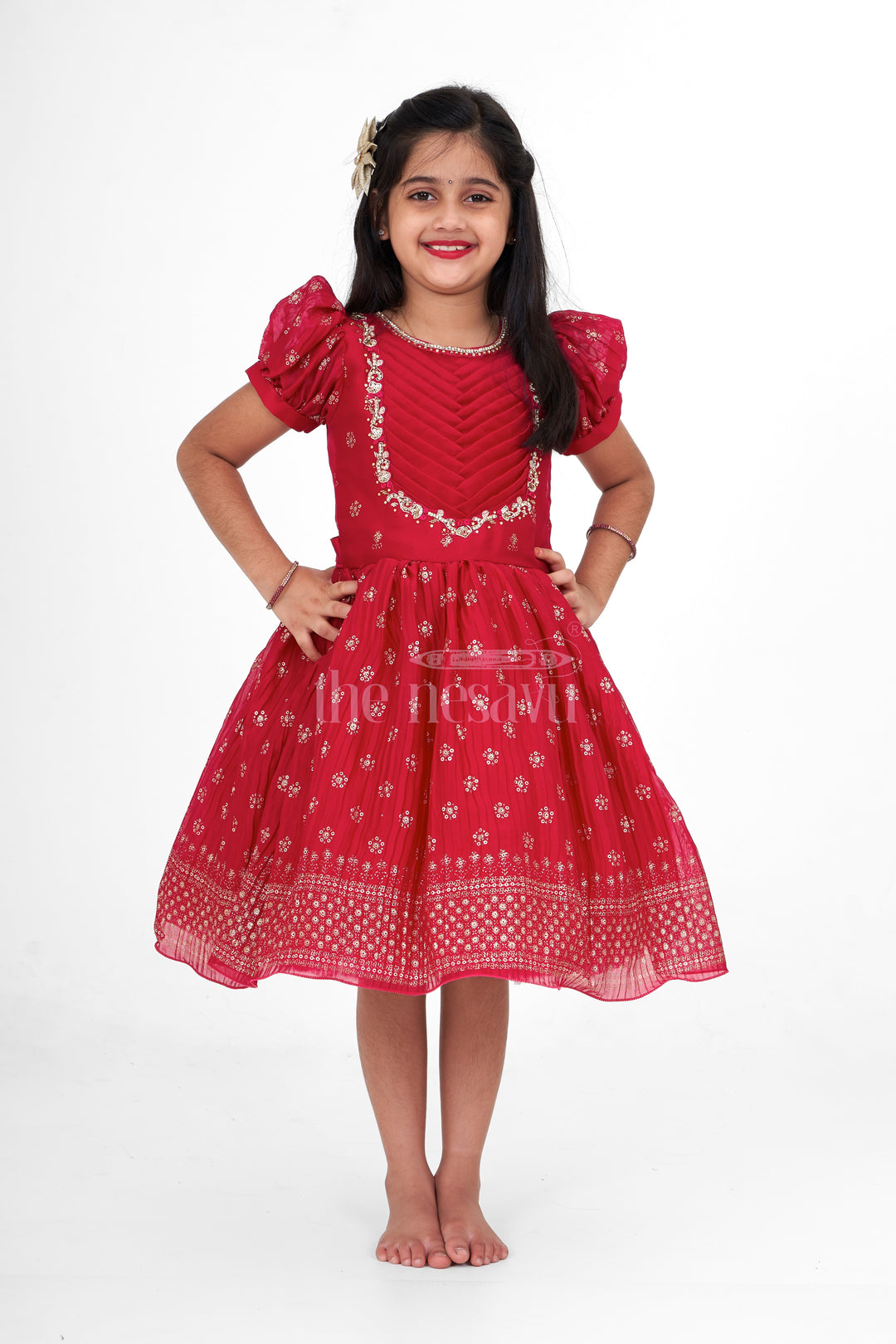 Girls Maroon Silk Party Frock with Chevron Quilted Bodice and Golden Floral Embroidery