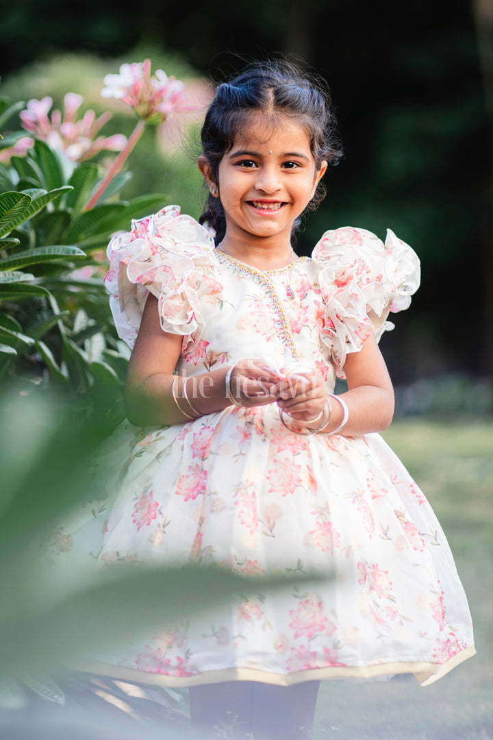 Baby Fancy Floral Frock with Puffed Sleeves and Gold Accents for Special Occasions