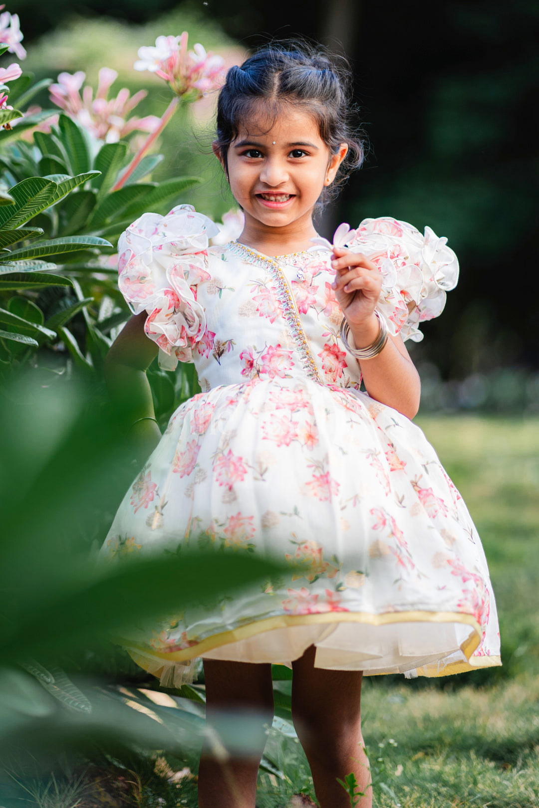 Baby Fancy Floral Frock with Puffed Sleeves and Gold Accents for Special Occasions