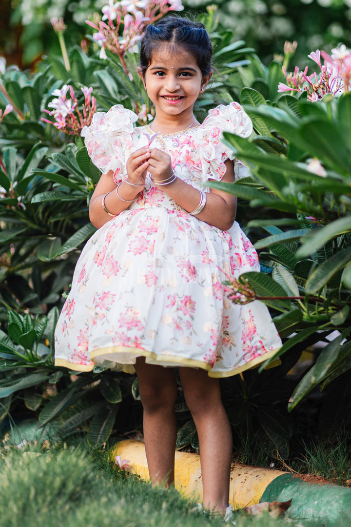 Baby Fancy Floral Frock with Puffed Sleeves and Gold Accents for Special Occasions