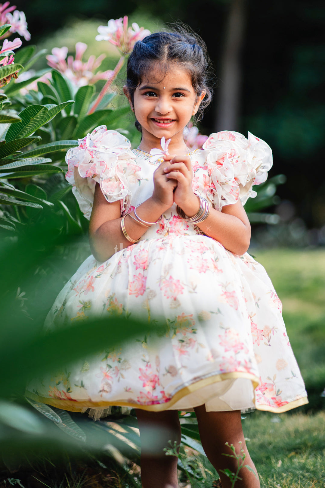 Baby Fancy Floral Frock with Puffed Sleeves and Gold Accents for Special Occasions