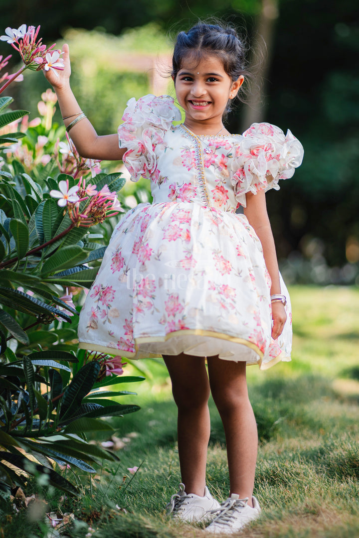 Baby Fancy Floral Frock with Puffed Sleeves and Gold Accents for Special Occasions