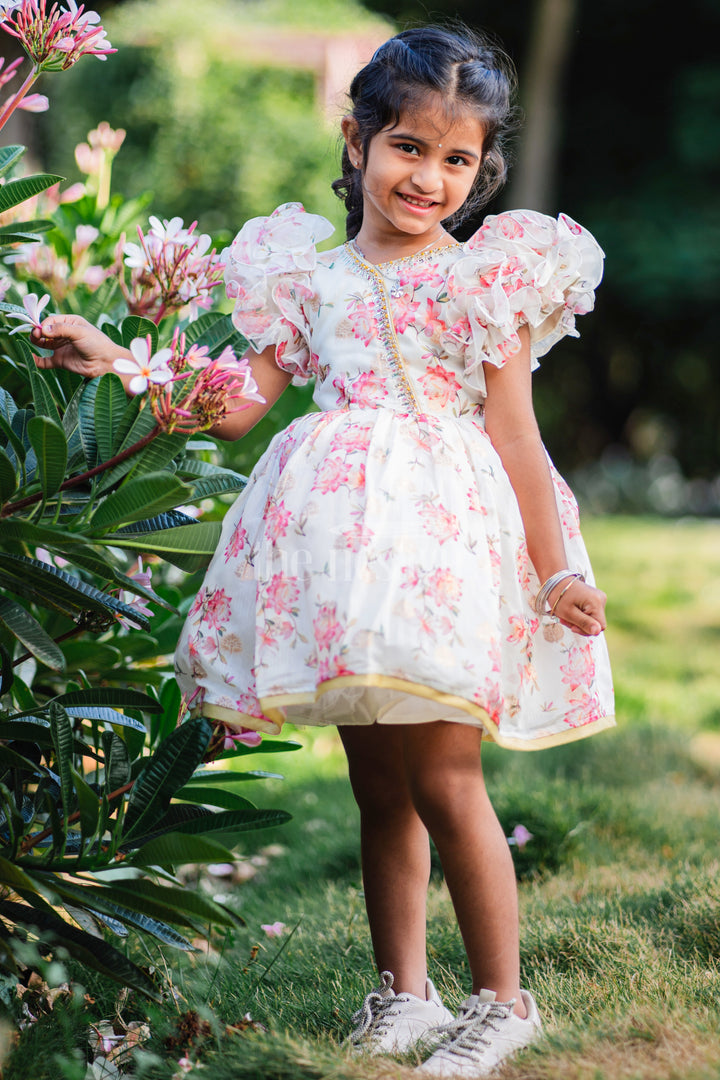 Baby Fancy Floral Frock with Puffed Sleeves and Gold Accents for Special Occasions