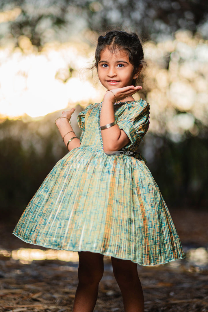 Baby Fancy Frock in Green Tissue Organza with Puff Sleeves and Silver Embellishments