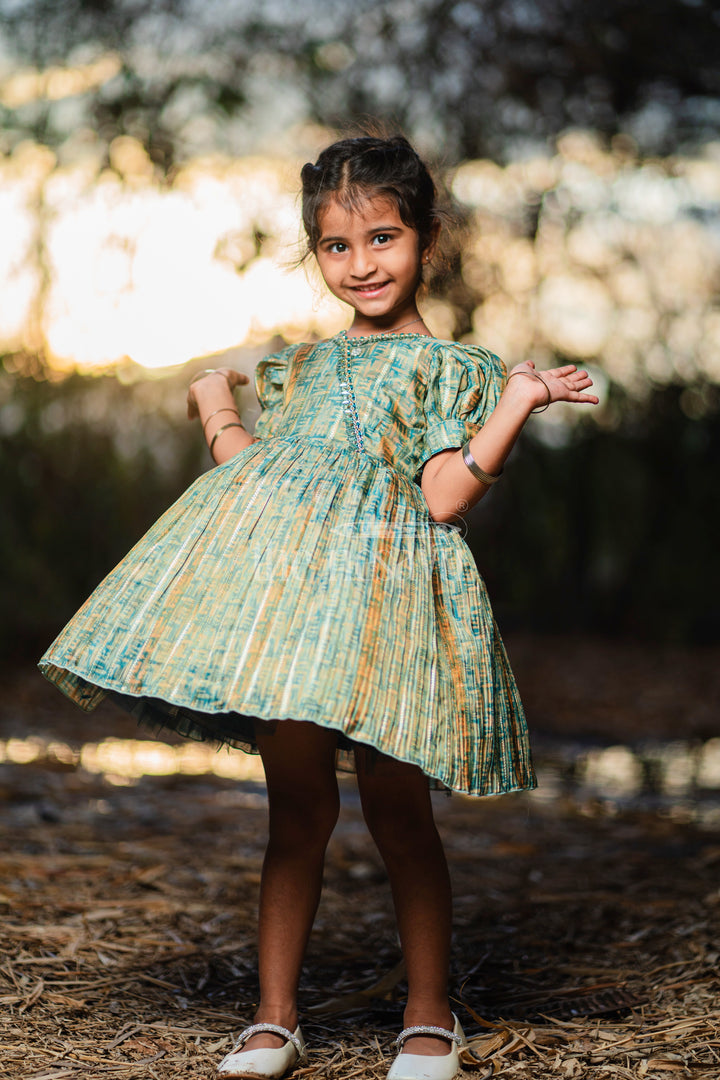 Baby Fancy Frock in Green Tissue Organza with Puff Sleeves and Silver Embellishments