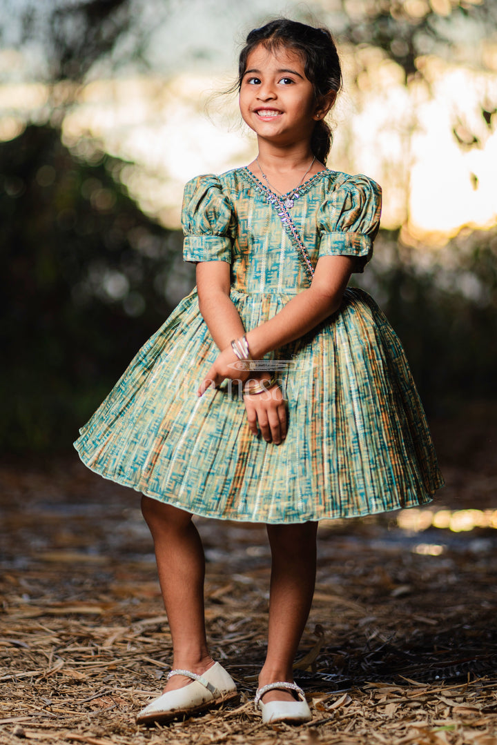 Baby Fancy Frock in Green Tissue Organza with Puff Sleeves and Silver Embellishments