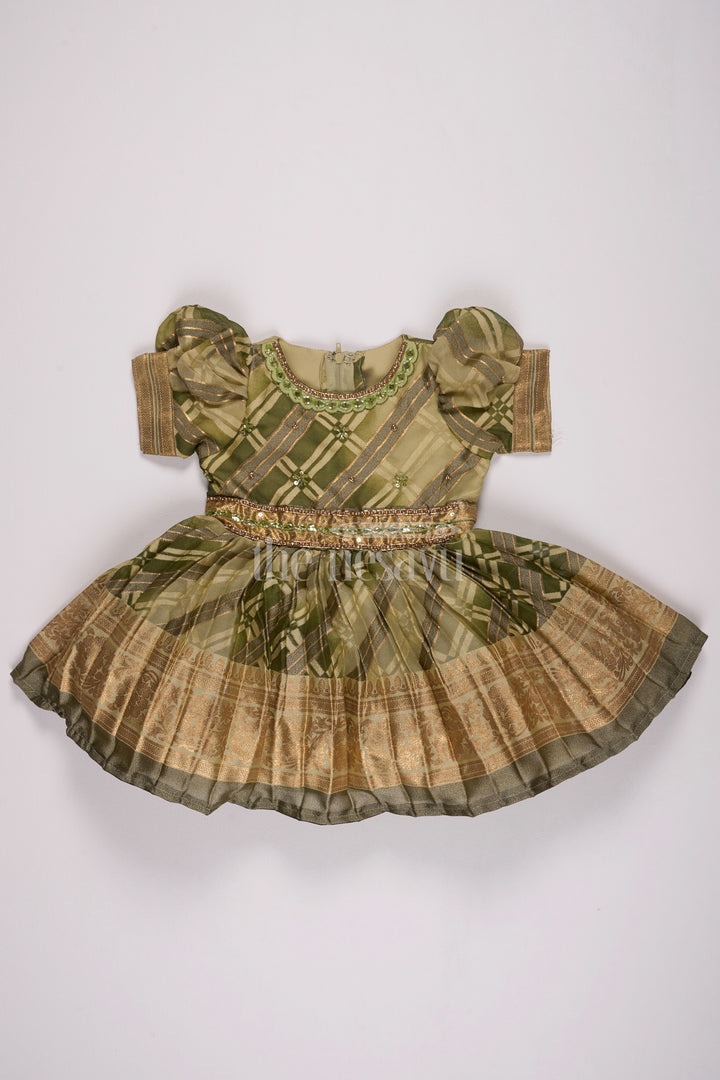 Girls Fancy Frock in Green Tissue Silk with Floral Embellishments and Short Pleated Skirt