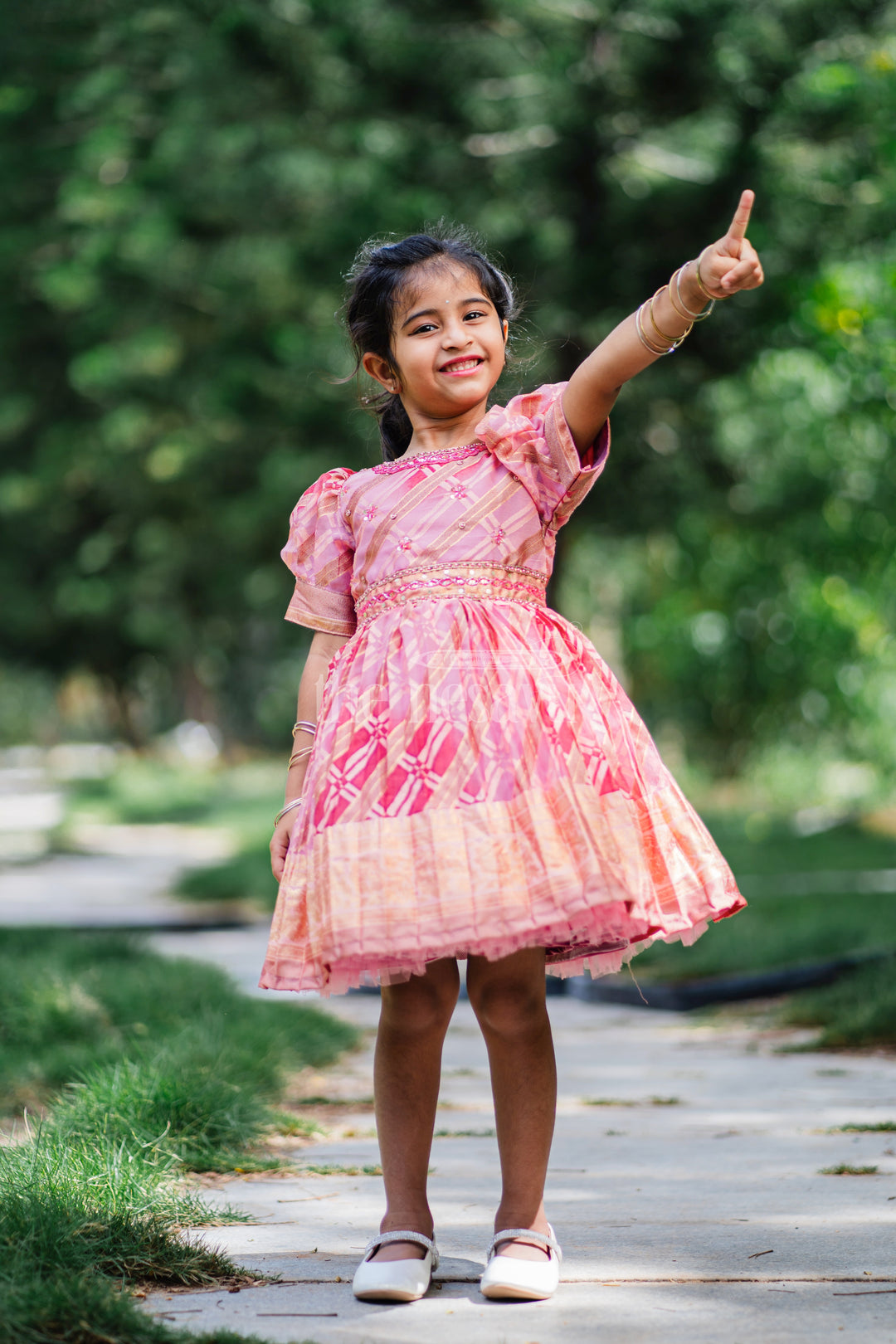 Girls Fancy Frock in Red Tissue Silk with Floral Gold Embellishments and Puffed Sleeves