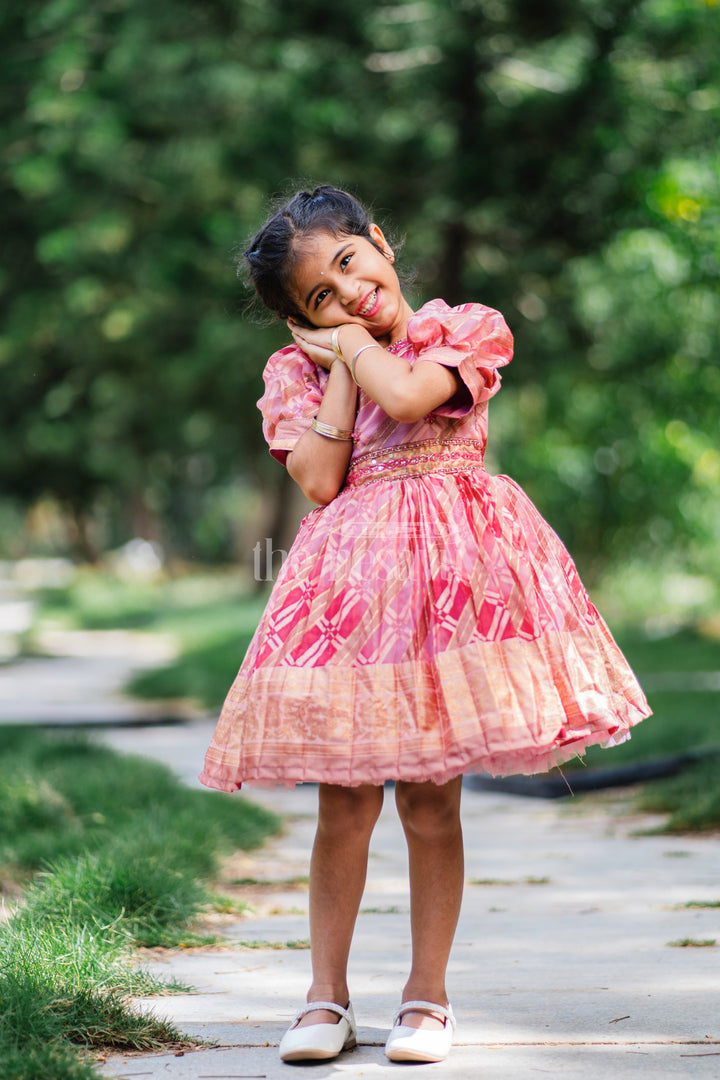 Girls Fancy Frock in Red Tissue Silk with Floral Gold Embellishments and Puffed Sleeves